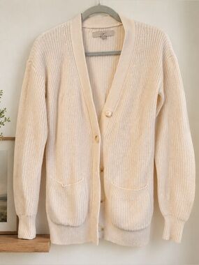 LOFT Ivory Knit Cardigan Sweater | Button Front Pocket Cardigan